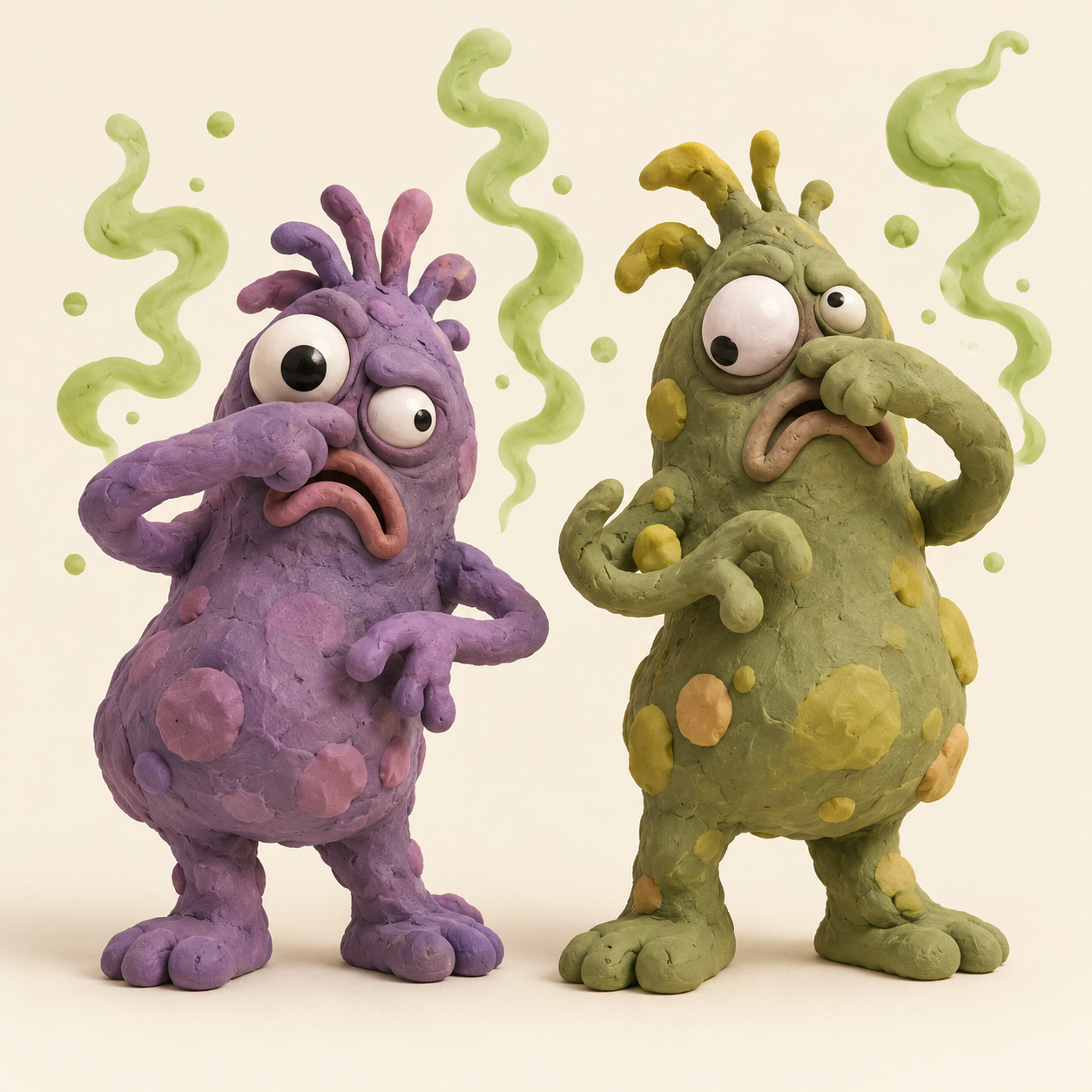 Two goofy clay creatures holding their noses in swirls of green stink.